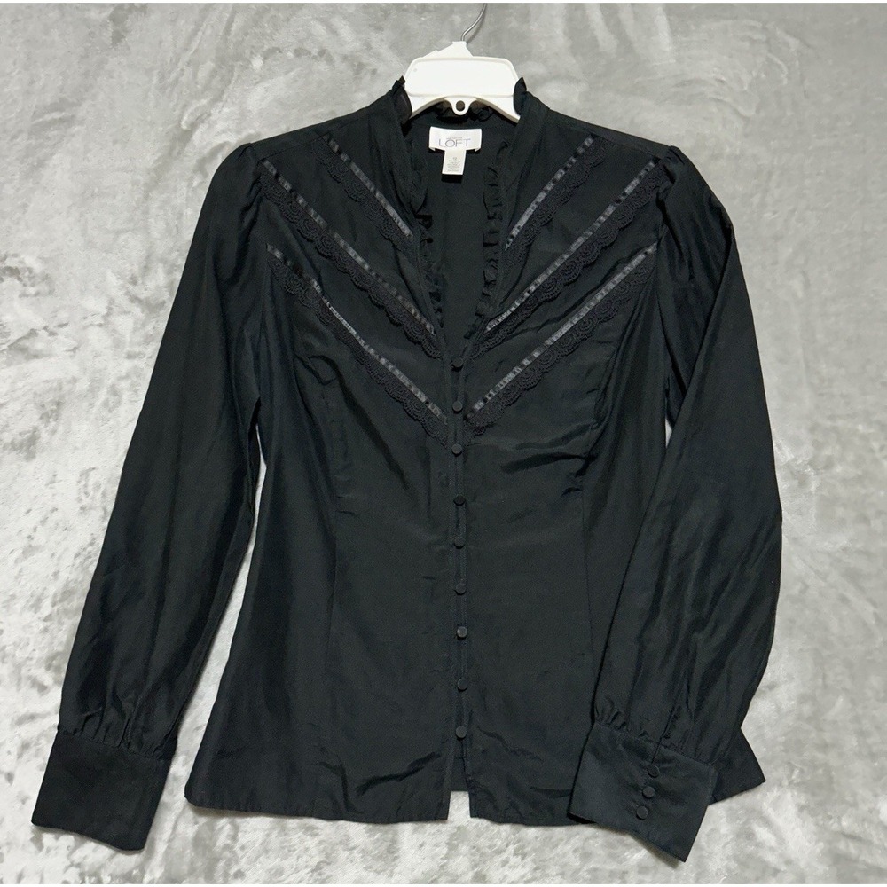 Loft Victorian Edwardian Style Lace Button Down Blouse Womens Size 12 Silk Blend